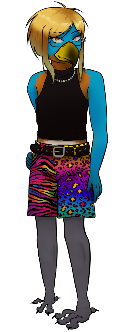 Anthropomorphic bluebird with blonde shaggy hair, glasses, black top and colorful patterned shorts.