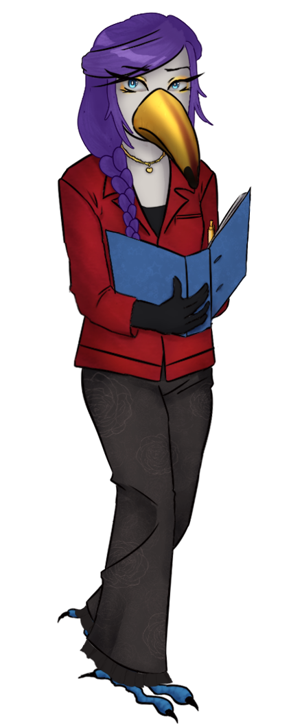 Anthropomorphic toucan wearing a red shirt and brown bell jeans, noting in a binder.