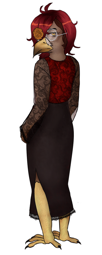 Anthropomorphic eastern imperial eagle wearing a red shirt, dark purple skirt and round silver glasses with an orange rose covering an eye.