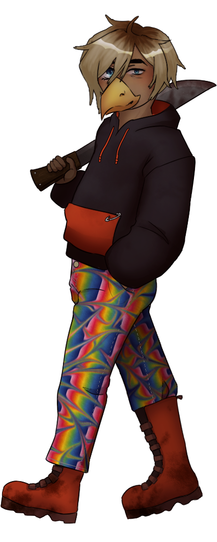 A furry bird posing with a machete in their dark sweatshirt and colorful pants.